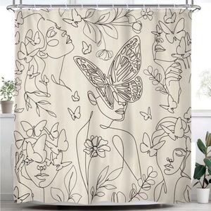1pc Abstract Line Pattern Shower Curtain With Face, Butterfly And 5 Female